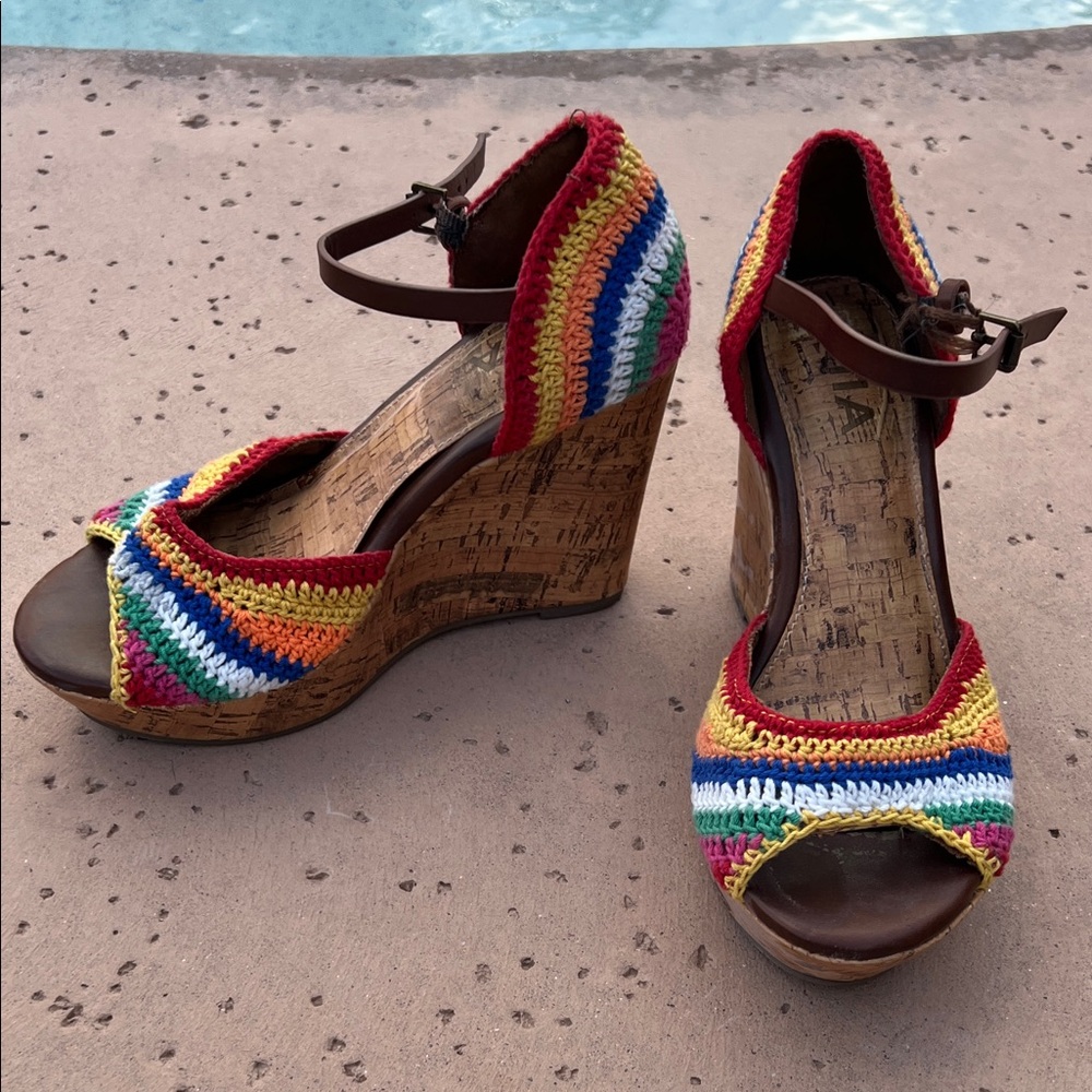 MIA Rainbow Crochet Cork Wedge Sandals